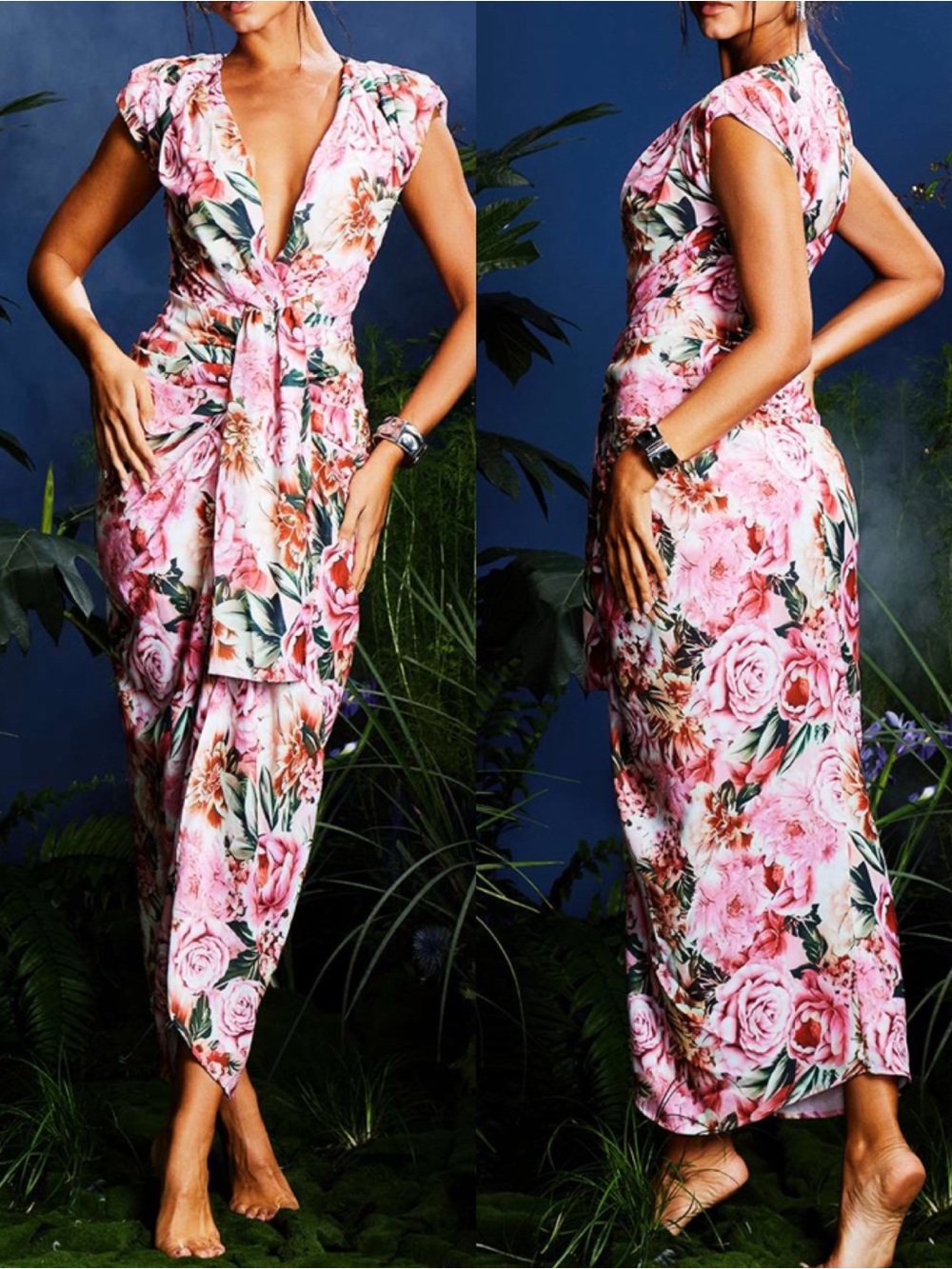 Mew Mews Quinta Deep V Neck Floral Printed Ruched Midi Statement Dress